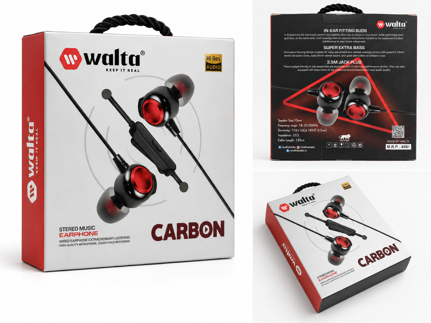 Walta Carbon Stereo Music Earphone | Wired Earphones with Mic | 3.5mm Jack